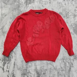 Vintage Beautifully Mine Sweater Womens M Red Crew Neck Pullover Pearls Beaded‎